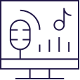 Icon of a computer screen with a microphone and music note representing audio or podcast content