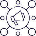 Icon of a megaphone inside a circle connected to nodes representing marketing outreach